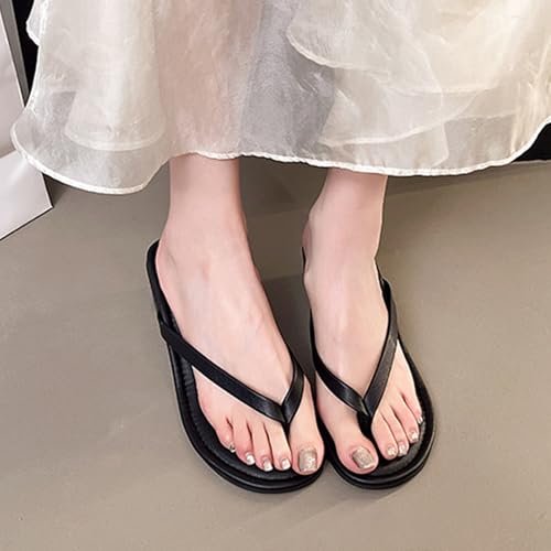 Women's Faux Leather Wedge Flip Flops with Arch Support Comfortable Round Open Toe Slip On Thong Slippers Casual Summer Sandals3