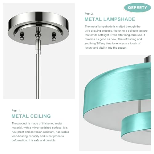 Image of Turquoise Blue 2-Tier Drum Pendant Light, 13.8 inch Adjustable Height Modern Hanging Light Fixture, Chrome Finish Metal Ceiling Lamp for Kitchen Island Dining Room Bedroom