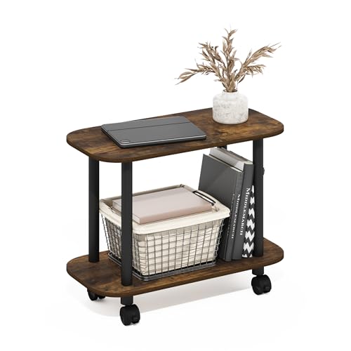 Image of Furinno Turn-N-Tube Side Table, 2-Tier Oval Sofa End Table with Wheels, Toolless Assembly Night Stand, Bedside Table with Open Shelf, for Living Room, Bedroom, Amber Oak