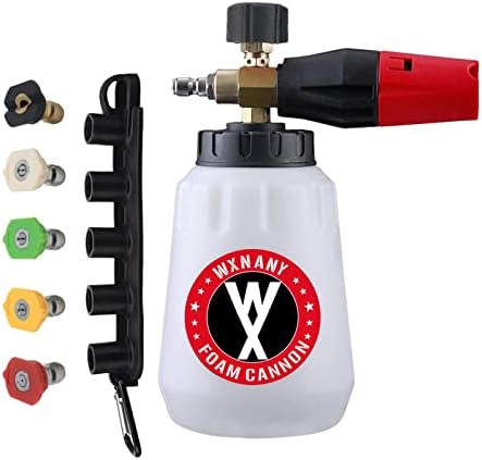 WXNANY Pressure Washer Foam Cannon Heavy Duty Foam Wash Gun with 1/4 Inch Connector 1 Liter Bottle 5 Nozzle Tips and Holder