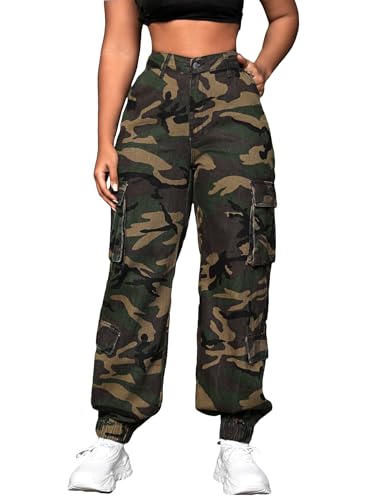 Floerns Women's Camo Print High Waist Wide Leg Cargo Jeans Denim Pants with Pockets