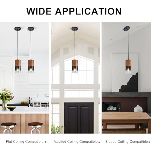 Image of 2-Pack Modern Pendant Lights for Kitchen Island, Adjustable Black Pendant Light Fixtures with Brown Wood Grain, Industrial Glass Pendant Lights for Dining Table Hallway Bedroom Living Room