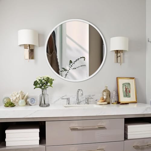 Image of The Arts Box Round Iron Metal Decorative HD Clear Image Wall Mount Round Wall Mirror with Hook for Hanging on Wall for Bedroom, Home Decor, wash Basin, Vanity, Makeup, Bathroom (White 20 Inch)