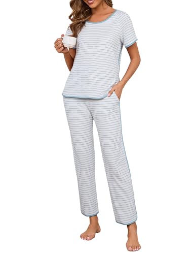 Image of Womens Pajama Sets Cotton 2 Piece Lounge Set Stripe Short Sleeve Pj Set Comfy Loungewear Sleepwear with Pockets