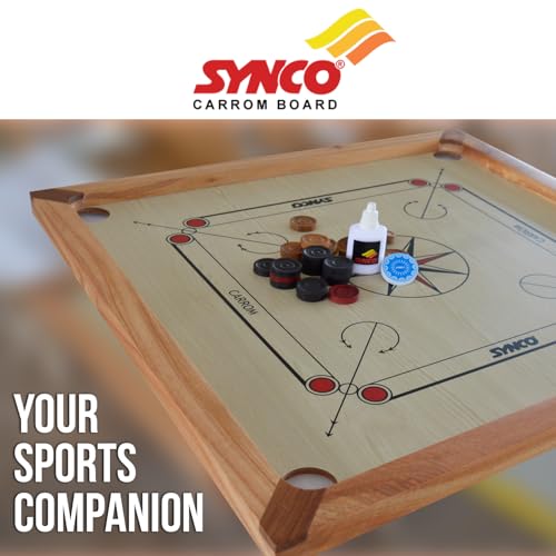 Image of Synco 27 inch Inch Mango Carrom Board for Kids 8-12 Years Old | Mango Sheesham Wood Frame | 7mm Pinewood Playing Surface | Includes Striker, Coins and Boric Powder | Premium Board for Practice