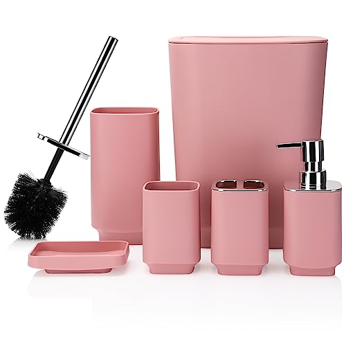 JOTOM Set di 6 accessori da bagno in plastica di lusso con pattumiera, scopino per WC, porta spazzolino, bicchiere, portasapone e dispenser di sapone (rosa)