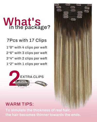 Image of Moresoo Clip in Hair Extensions Balayage Remy Straight Human Hair Extensions Clip in Ombre Dark Brown Mixed Medium Brown with Blonde Full Head 7 Pieces 120G 18 Inch