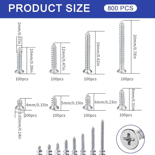 Set de 800 tornillos autorroscantes de acero inoxidable miniatura 2