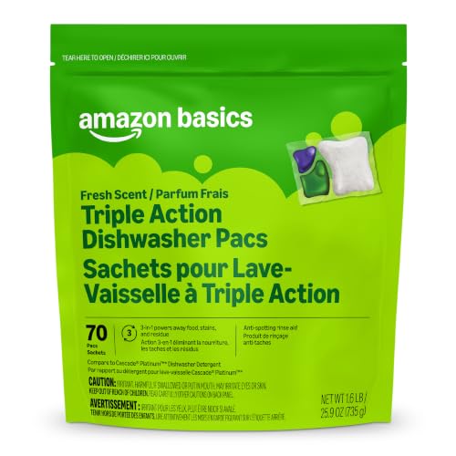 Amazon Basics Triple Action Dishwasher Pacs, Anti-spotting, Fresh Scent, 70 Count (Previously Presto!)