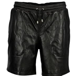 Mens Leather Drawstring Shorts Black Elastic Waistband Casual Athletic Style