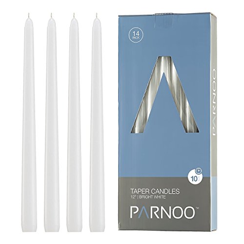 Light In The Dark White Taper Candles - Set of 14 Dripless Candles - 12 inch Tall, 3/4 inch Thick - 10 Hour Clean Burning