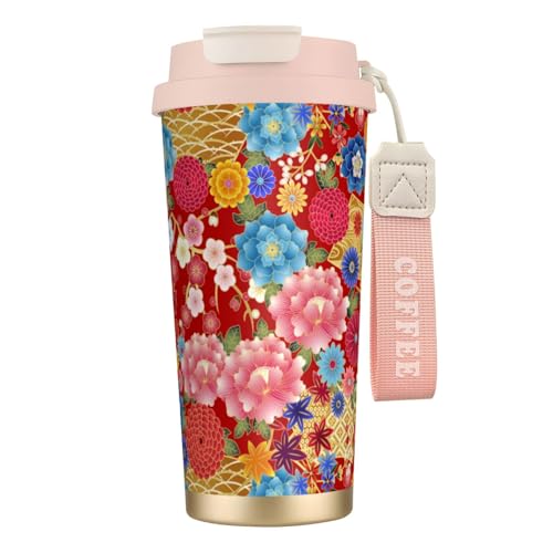 タンブラー 牡丹や菊や紅葉などの和柄 マグボトル コーヒーカップ 水筒 保温 保冷 ウォーターボトル 蓋付き ストロー付き 直飲み おしゃれ プレゼント
