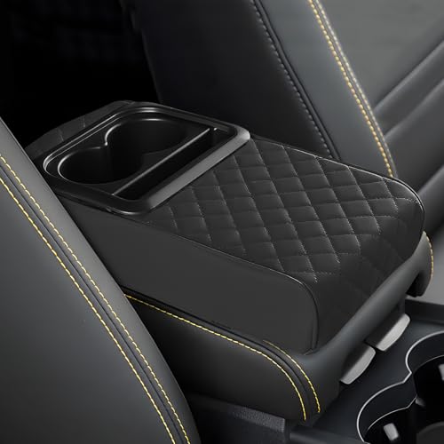 ongfuwu Car Center Console Armrest Pillow, 13.19"×7.87" Leather Car Arm Rest Cover, Memory Foam Auto Armrest Cushion with Cup Holder Phone Slot, Universal Vehicle Middle Console Cushion Pad (Black)