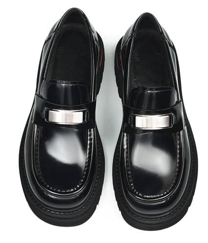 Santimon Men's Slip On Penny Loafers Dress Shoes with Buckle Detail - Shiny Leather Platform Chunky Sole Mocasines for Casual Business Formal Office Prom Wedding3