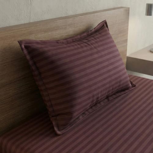 Image of Home Sizzler Microfibre Brown Satin Stripe Elasticated Fitted Single Bedsheet (72x36 Inches) with 1 Pillow Cover