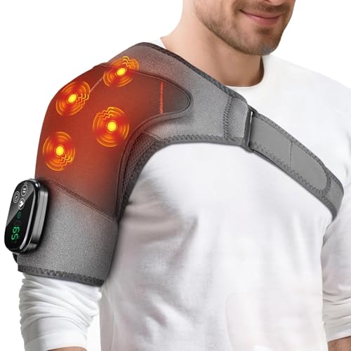Coussinet massant chauffant pour épaules sans fil – Attelle avec écran tactile, 6 niveaux de chaleur, 8 modes vibration, minuterie, batterie 5000mAh et 4 moteurs