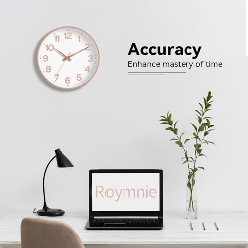 Image of Roymnie Wall Clock 10 Inch Silent Wall Clocks Battery Operated-Modern Non Ticking Analog Clock Decorative for Kitchen Bedroom Office Bathroom(White Rose Gold)