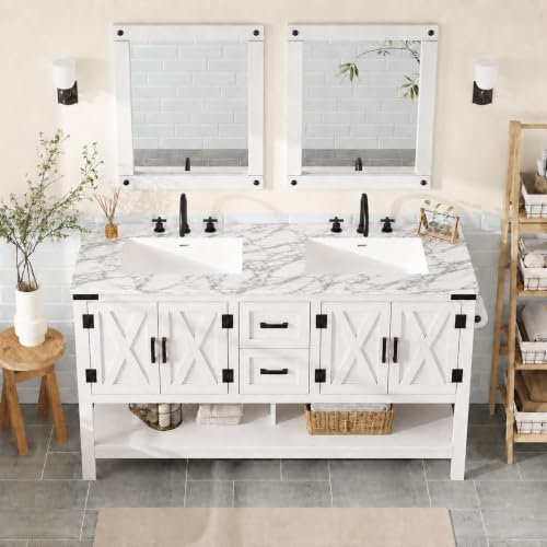 AMERLIFE 60" Antique White Double Sink, Carrara-Look Top