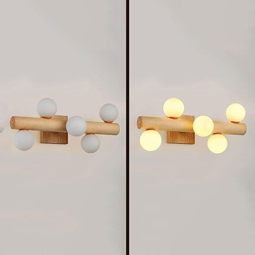 Miniatura 5 de Aplique de pared moderno de madera con 5 luces - Lámpara nórdica Retro para baño y bar con pantallas de Cristal Blanco lechoso - Casquillo G9 para