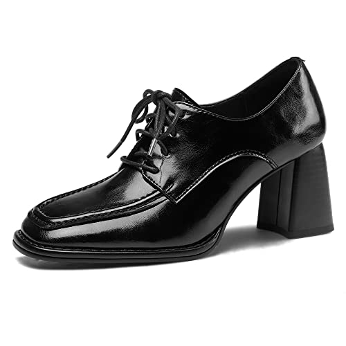 TinaCus Women's Genuine Leather Handmade Lace Up Mid Chunky Heels Stylish Pumps Shoes