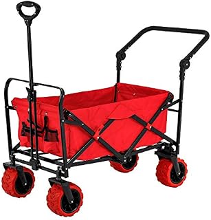 Red Wide Wheel Wagon All Terrain Folding Collapsible Utility Wagon with Push Bar