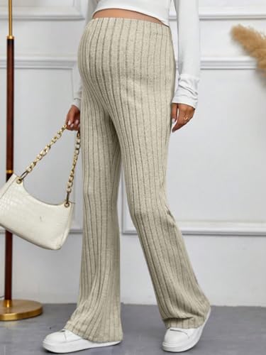 Beaudrm Women'S Maternity Flare Leggings Over The Belly Ribbed Knit High Stretchy Skinny Leg Pants Apricot Medium thumb #6