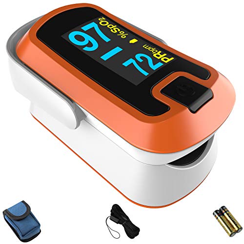 MIBEST Orange Dual Color OLED Finger Pulse Oximeter - Blood Oxygen Saturation Monitor with Color OLED Screen Display and Included Batteries - O2 Saturation Monitor