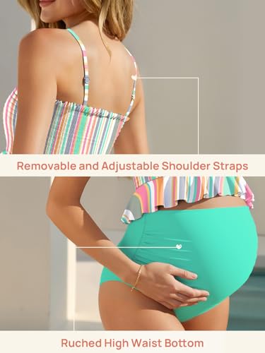 Image of Summer Mae Maternity High Waist Swimsuit Ruffle Hem Bikini Bathing Suit Shirred Bandeau Two Piece Pregnancy Swimwear