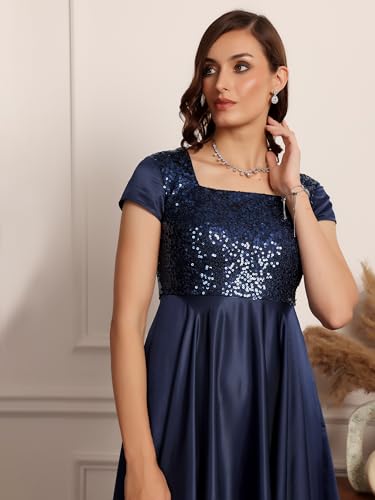 Image of Miss Chase Women's Round Neck Sleeve Embellished Fit Flare Maxi Dress