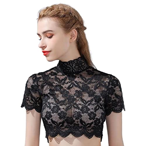 KLOVA Femmes Automne Printemps Col Roulé Col Amovible Élégant Dentelle Floral Manches Courtes Demi-Chemisier Chemise Pull Doublure Dickey Crop Top Sous-vêtements Décoratifs Noir