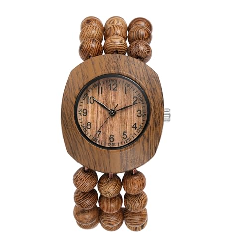 Imagen de JewelryWe Reloj de Madera para Mujer: Hecho a Mano Tonneau Budista con Cuentas de Madera para Mujer