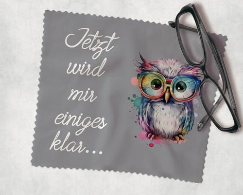 Farbwuselei Brillenputztuch Eule grau Jetzt Wird Mir einiges klar Optikerqualität 15x18 cm witzig Funny bedrucktes lustiges Mikrofasertuch