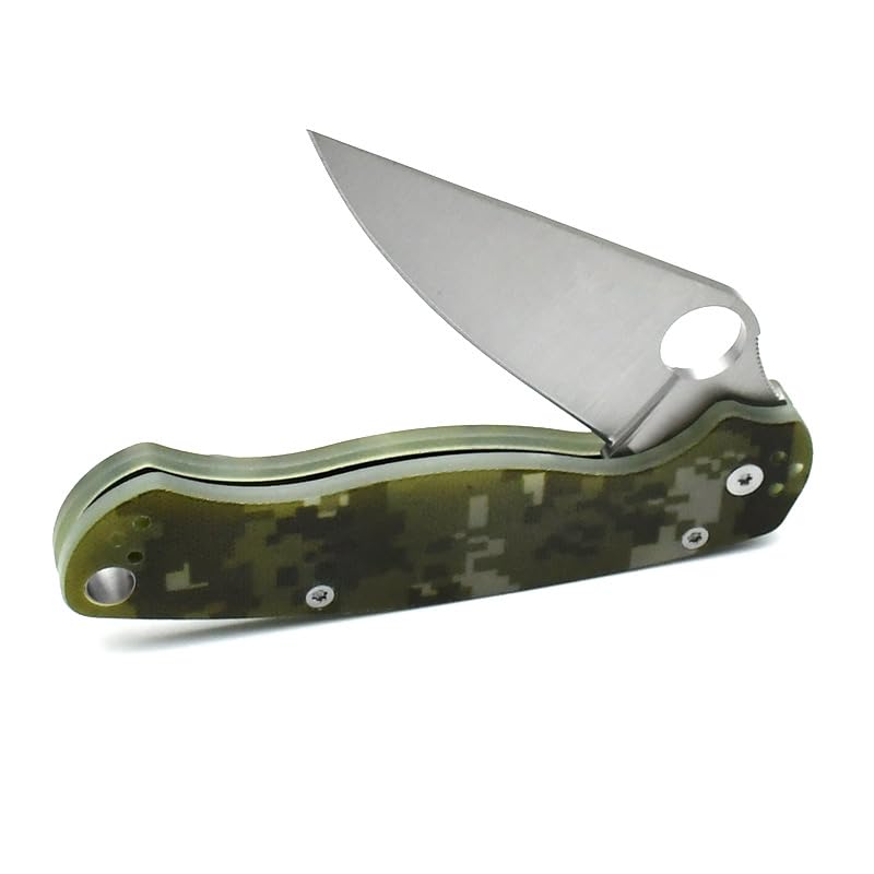 Klappmesser mit G10 Griff, 7Cr13MoV Stahl, Tarnmuster Grün, 21 cm Gesamtlänge, 8cm Klinge, 58 HRC Härte