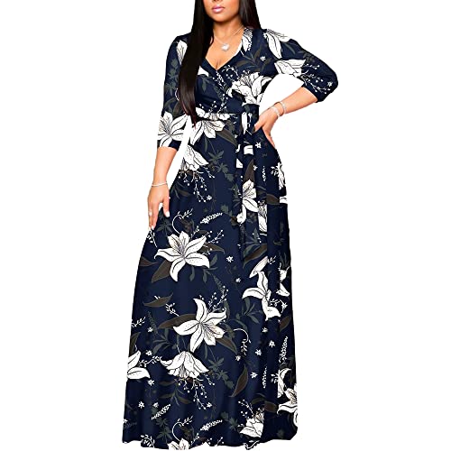 Image of FANDEE Plus Size Maxi Dress for Women Casual Summer Sundress V-Neck 3 /4 Sleeve