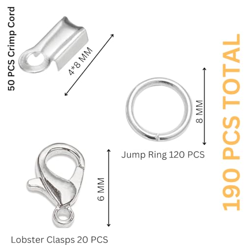 Image of Jewelry Making Kit Lobster Clasps Fold Over Cord End Caps Jump Rings Crimp End Tips for Necklace Bracelet DIY Craft Supplies Silver 190 Pieces