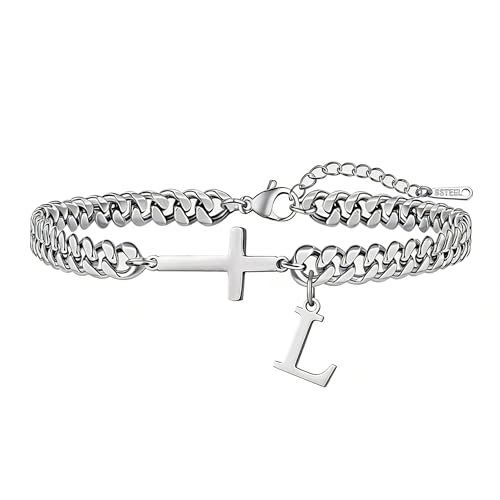 chorfla Cross Cuban Chain Bracelets for Men Initial A - Z Faith Cross Bracelets, Stainless Steel Fashion Initial Charm Chain Bracelet Religious Jewelry Gift for Men(L)
