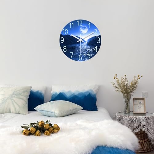 Image of XFM Blue Moon Wall Clock Battery Operated 12 Inch | Silent Non-Ticking Modern Glass Nature Analog Decorative for Kitchen Bedroom Home Office