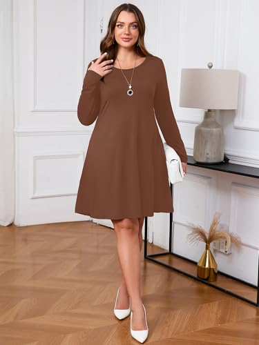Image of AusLook Women's Plus Midi Dress Long Sleeve Crew Neck A-Line Swing Flowy Vacation Fall Wedding Guest Dresses with Pocket 1-5X