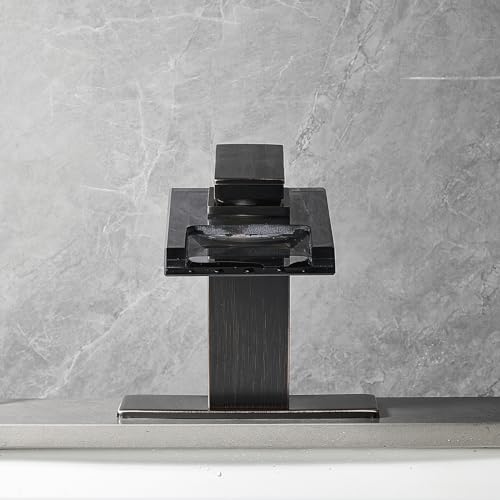 AVSIILE LED Bathroom Sink Faucet, Oil Rubbed Bronze Waterfall Single Hole Handle Vanity Faucets for Sinks 1 Hole with Metal Pop Up Drain and 2 Water Supply Lines, Open Glass Spout thumbnail 8