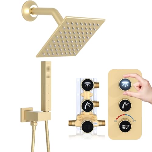 Digital Display Glowing Icons Shower System Brushed Gold Shower Faucet Set, 6inch Tilted Rain Showerhead and Dual-mode Handheld Combo, 2 Way Shower Fixtures Can Use Together, Heavy-duty Brass Valve