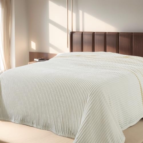Richave Kuscheldecke, Queen-Size-Größe, leicht, antistatisch, flauschige Fleecedecke mit Streifenmuster für Queen-Size-Bett, 228 x 228 cm, cremefarben