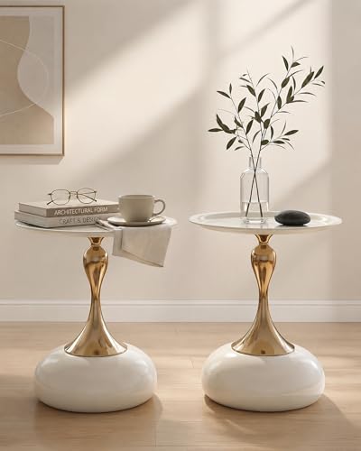 Xinyvee Lot de 2 Table d'Appoint Blanche et Dorée Bout de Canapé Design en Métal, Petite Table Basse Ronde Moderne pour Salon ou Chambre, Guéridon...