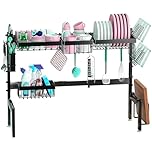 ATEK Over the Sink Dish Drying Rack, 2-Tier Expandable (26"- 33.5") Metal Steel Kitchen Drying Rack with Utensil Holders, Cutting Board Slot, Glass & Plate Storage, Over Sink Drainer Racks, Black