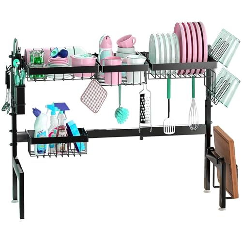 ATEK Over the Sink Dish Drying Rack, 2-Tier Expandable (26"- 33.5") Metal Steel Kitchen Drying Rack with Utensil Holders, Cutting Board Slot, Glass & Plate Storage, Over Sink Drainer Racks, Black