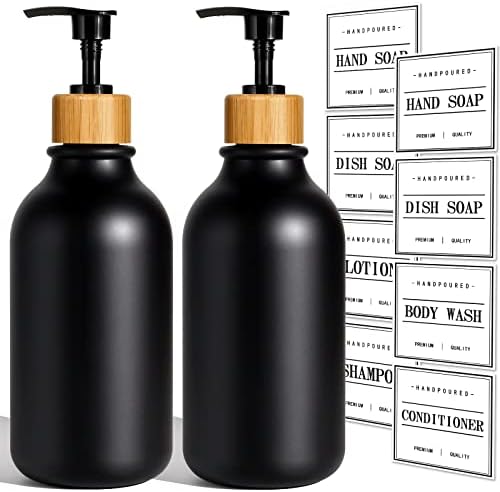 Mierting Black Soap Dispenser, 2 Pack Plastic Soap Dispenser with Bamboo Pump, 16 Oz Hand and Dish Soap Dispenser Set , Farmhouse Soap Dispenser for Kitchen & Bathroom