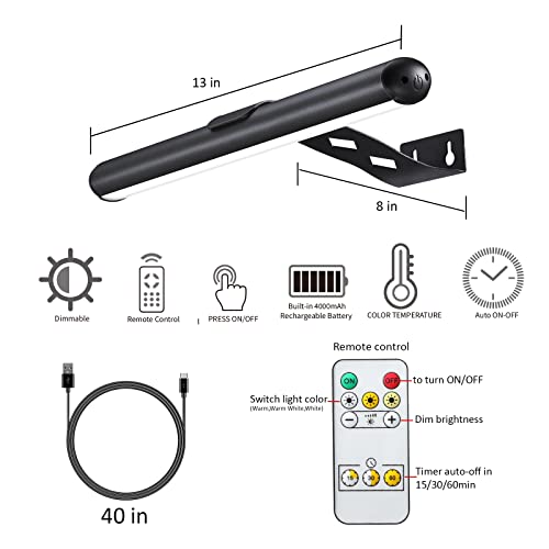 Image of Rechargeable Picture Light Battery Operated, Wireless Painting Light with Remote Control,Metal Art Light Dimmable Display Lamp,3 Modes with Timer for Dartboard Frame Picture Gallery