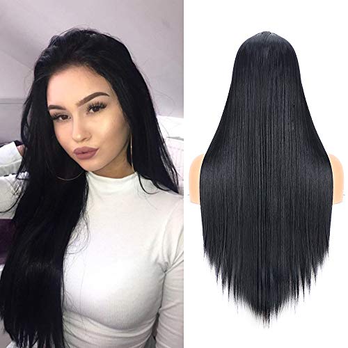 Fani Wigs 24 Inch Black Long Straight Wigs for Women Middle Part Synthetic Wig Cosplay Party Halloween Wigs with Free Wig Cap