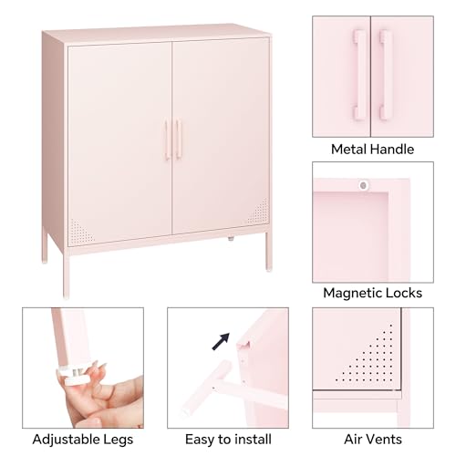 Steehoom Metal Storage Cabinet with 2 Doors, Steel Buffet Sideboard Entryway Locker Cabinet Kitchen Cupboard for Living Room, Dining Room, Kitchen, Office, Bar (Pink, 31.5\" D x 15.75\" W x 35.43\" H)