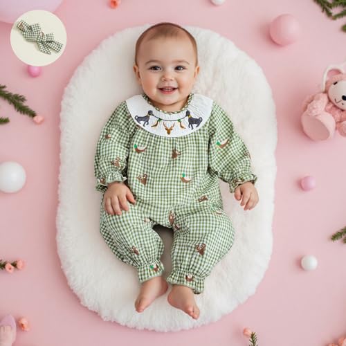 Baby Girl Hunting Outfit Mallard Duck Onesie Smocked Romper Long Sleeve Plaid Jumpsuit Headband Infant Fall Clothes4