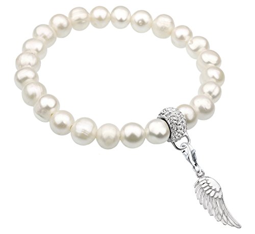 Preisvergleich Produktbild Nenalina Charmträger Armband aus Süßwasserperlen mit Engelsflügel Charm Anhänger in 925 Sterling Silber CS1-3070-000